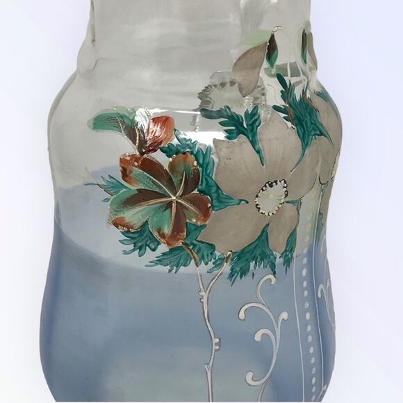 Victorian Enameled Hand Painted Pitcher Blue Art Glass Floral Design - Picture 4 of 12